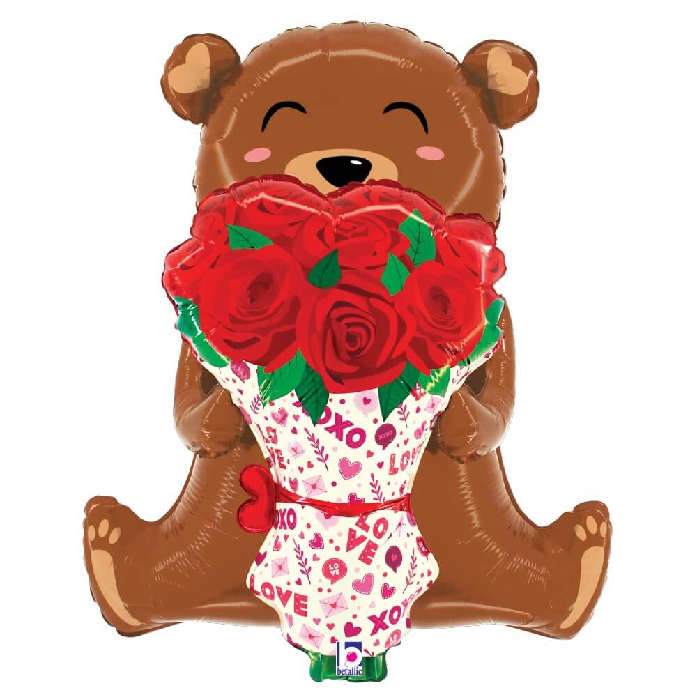 Betallic 25 inch ROSE BOUQUET BEAR Foil Balloon 25331P-B-P