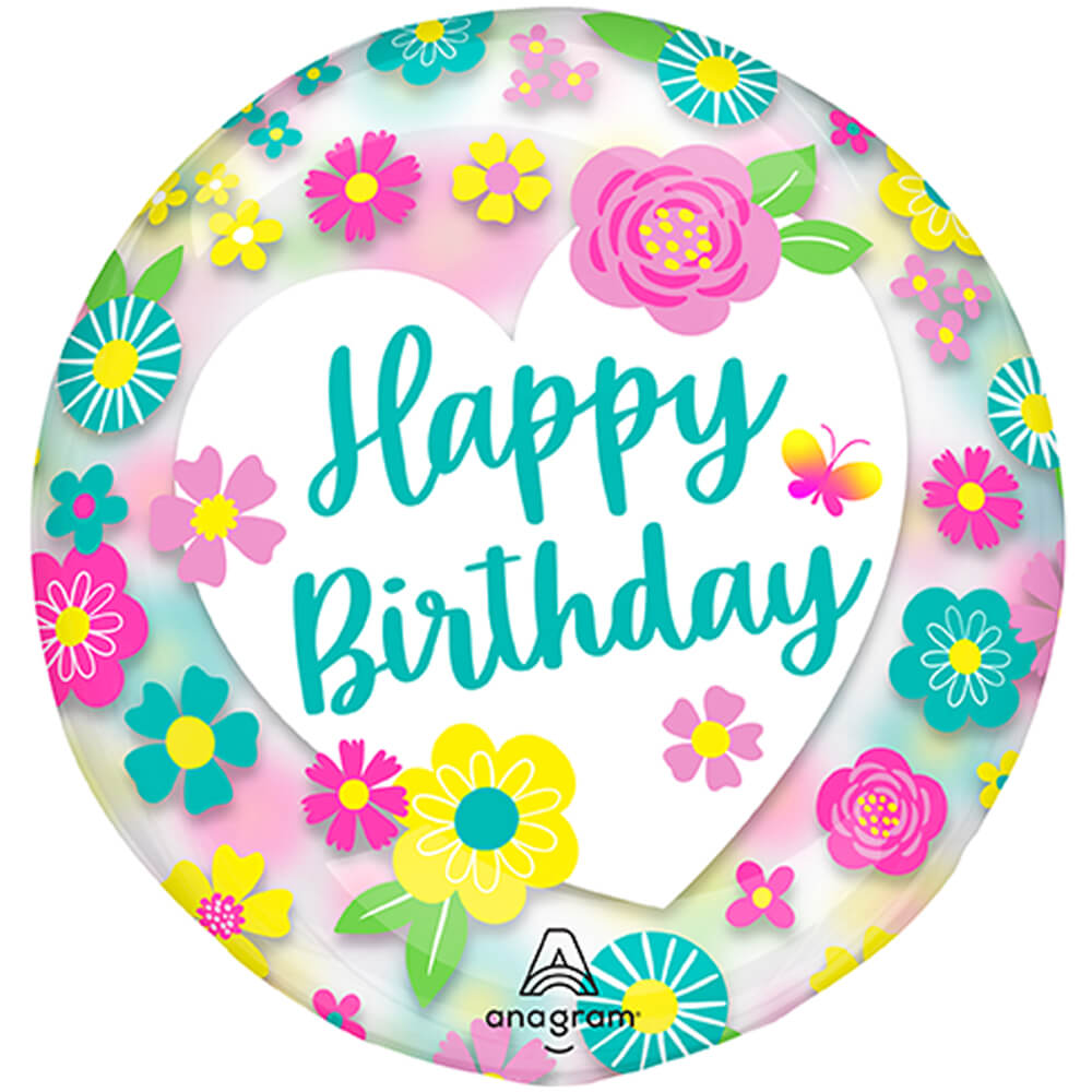 Anagram 18 inch CLEARZ - HAPPY BIRTHDAY FLOWERS Plastic Balloon 45319-11-A-P