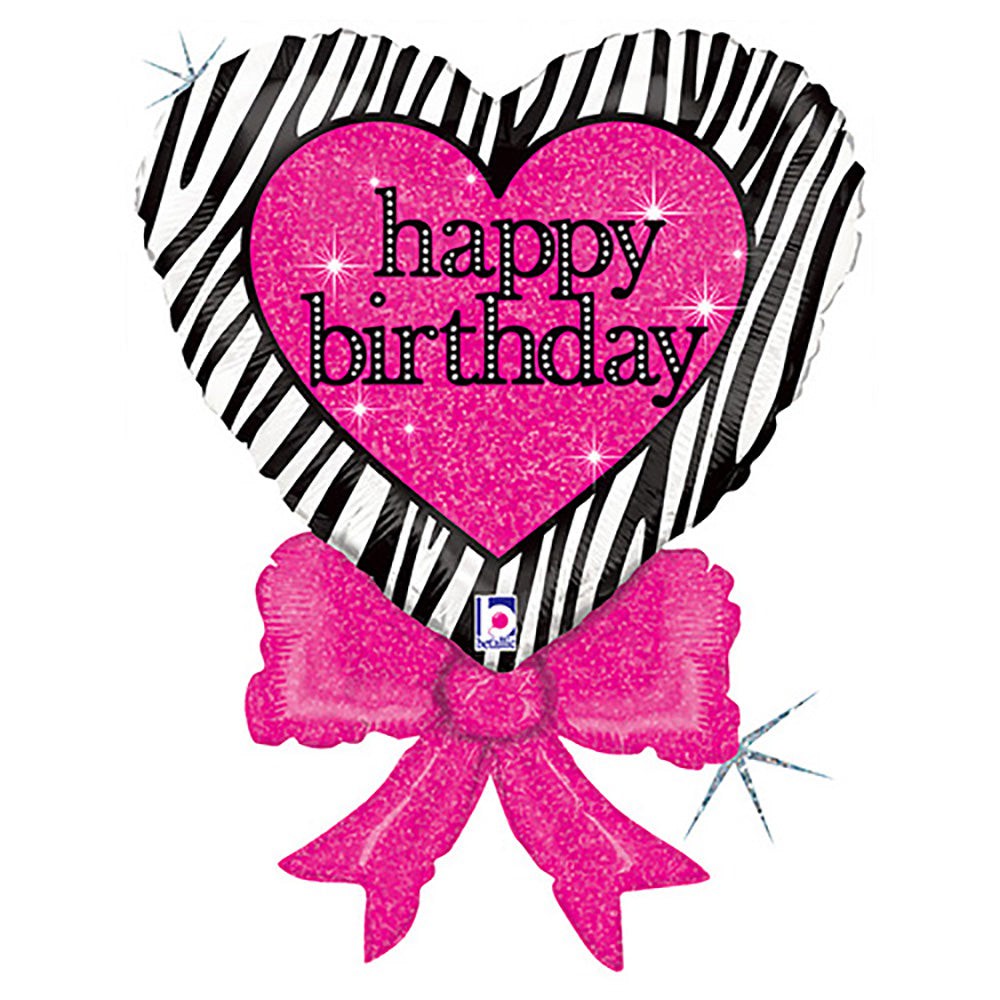 Betallic 30 inch BIRTHDAY ZEBRA HEART BOW Foil Balloon 85889P-B-P