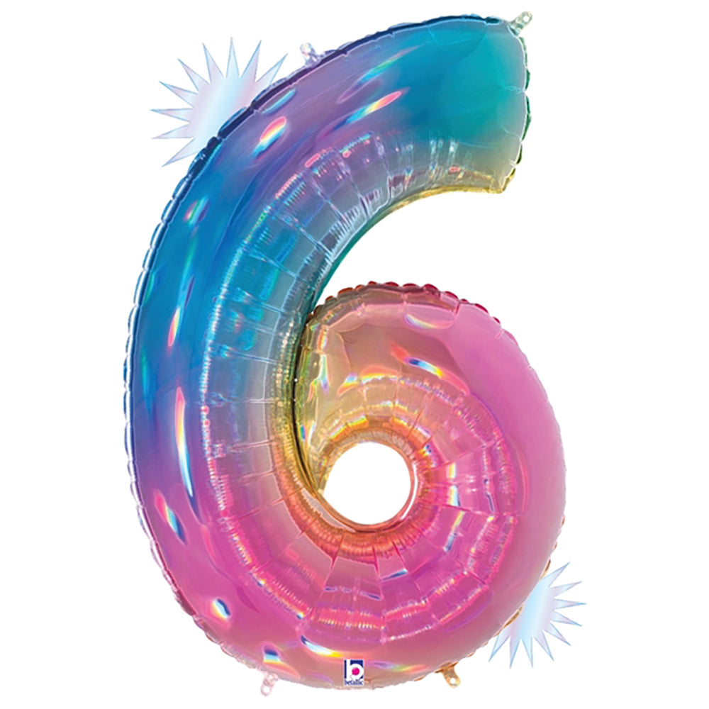 Betallic 40 inch NUMBER 6 - OPAL RAINBOW MEGALOON Foil Balloon 15846RWP-B-P