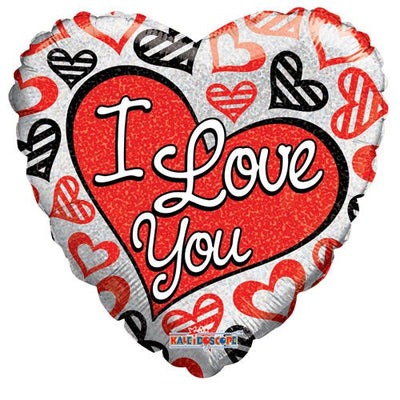 Kaleidoscope 18 inch I LOVE YOU RED & BLACK HEARTS HOLOGRAPHIC HEART Foil Balloon 19558-18F