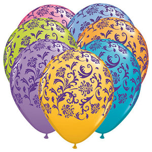 Qualatex 11 inch DAMASK PRINT - CONTEMPORY ASSORTMENT W/ PURPLE INK Latex Balloons