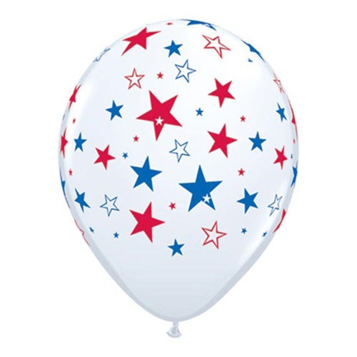 Qualatex 11 inch RED & BLUE STARS - WHITE Latex Balloons