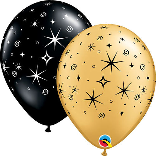 Qualatex 11 inch SPARKLES & SWIRLS - BLACK & GOLD Latex Balloons 12578-Q