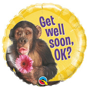 Qualatex 18 inch GET WELL CHIMP W/FLOWER Foil Balloon 46253-Q-P